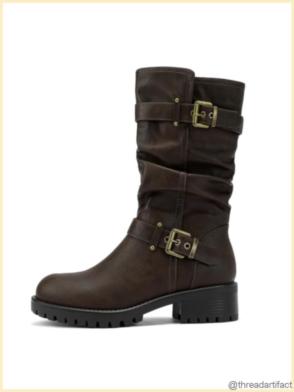 Wide Width Mid Calf Faux Leather Boots Slouch Biker Block Heel Side Zip
